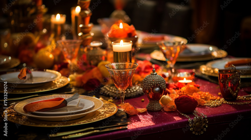 Richly decorated wedding indian oriental table setting with golden accents, candles, and roses in warm, inviting colors