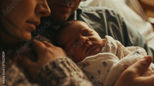 Emotional Newborn Embrace with Parents in Hospital Bed and Soft Lighting