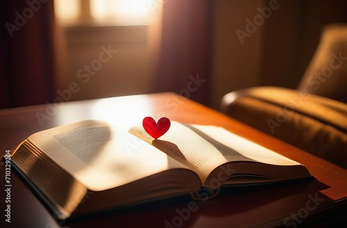 There is an open book on the table with a red heart in it. Beautiful postcard, the sun is shining from the window. Love of reading.World Book Day  photo