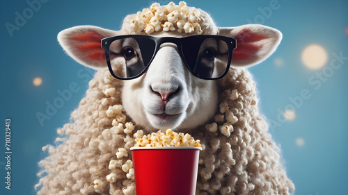 Funny hipster sheep with fashion sunglasses holds a red cup of cola and a basket of popcorn rest and watching a movie on a blue background. Creative idea, rest. Happy fun animal concept See Less photo