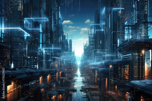 An illuminated urban landscape with futuristic architecture and vibrant neon lights against the night sky  A vivid matrix of techno-infrastructures fading into a cybernetic twilight  AI Generated