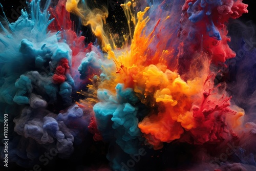 Witness the captivating beauty as colorful ink mixes with water droplets to create a mesmerizing display in the air, A volcanic eruption through the lens of abstract vibrant pigments, AI Generated