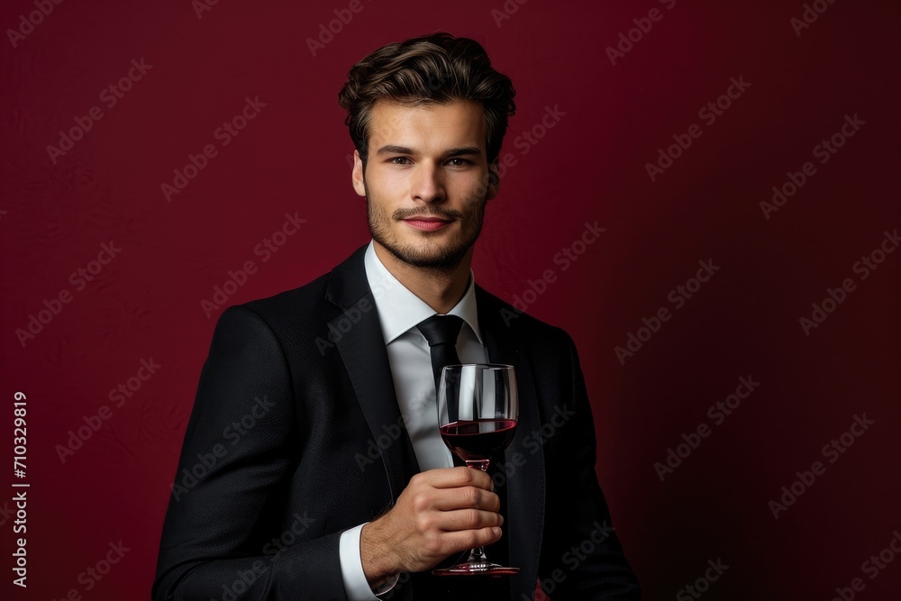 Elegant studio portrait of a European man in a sophisticated suit, holding a glass of wine, isolated on a luxurious burgundy background Elegant studio portrait of a European man in a sophisticated suit, holding a glass of wine, isolated on a luxurious burgundy background