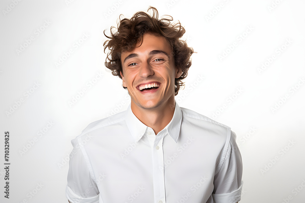 Joyful Expression: Happy Person Against White Background Joyful Expression: Happy Person Against White Background