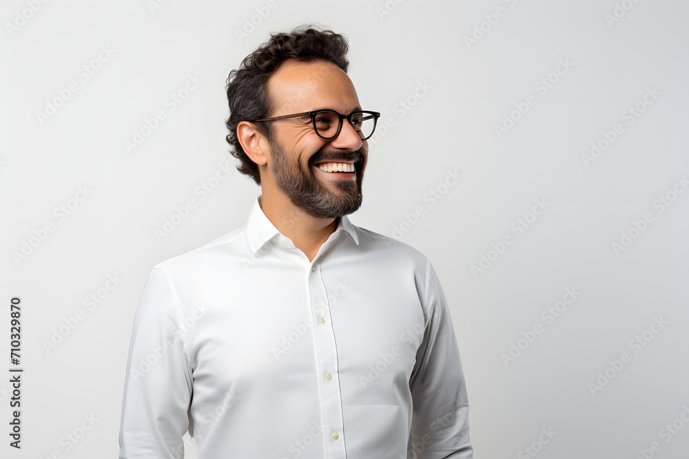 Joyful Expression: Happy Person Against White Background Joyful Expression: Happy Person Against White Background