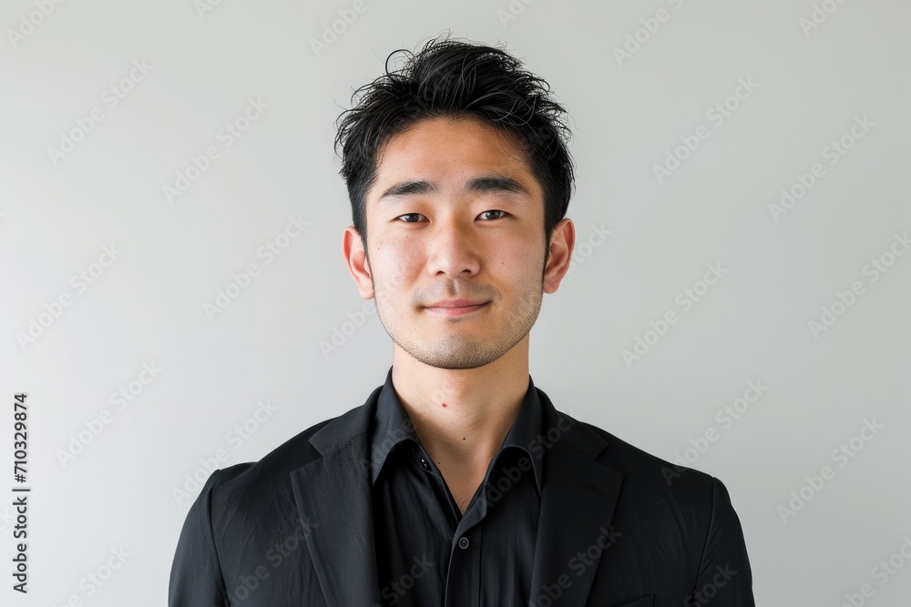 Minimalist studio portrait of a Japanese man with a clean, modern look, isolated on a stark white background Minimalist studio portrait of a Japanese man with a clean, modern look, isolated on a stark white background