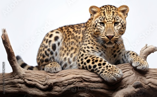 Leopard rests on branch against white background  majestic big cats image