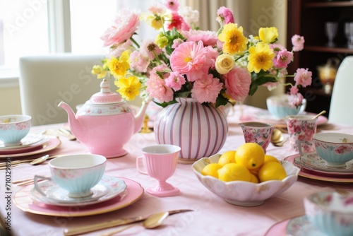A beautifully arranged table set for a tea party, adorned with pink and yellow flowers, A whimsical Mother's Day tea party setting, AI Generated