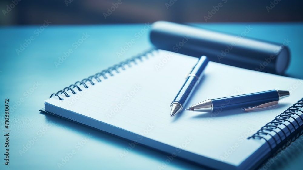 An open notebook and pens on the table on a blue background. Business concept. An open notebook and pens on the table on a blue background. Business concept.