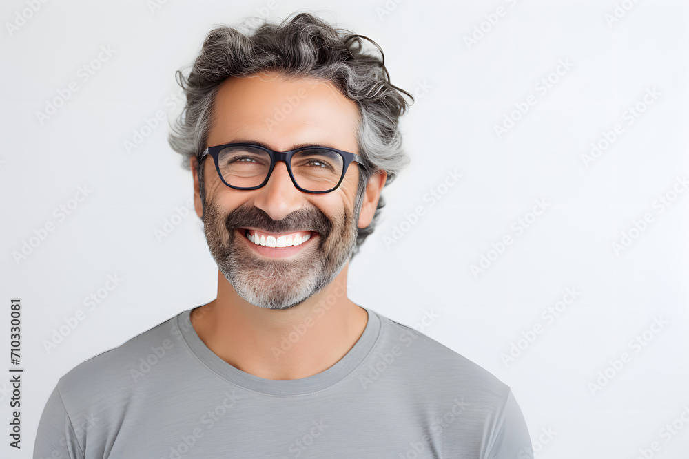 Modern Professional: Smiling Man with Beard and Eyeglasses in Grey Shirt with Phone on White Background Modern Professional: Smiling Man with Beard and Eyeglasses in Grey Shirt with Phone on White Background