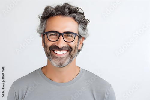 Modern Professional: Smiling Man with Beard and Eyeglasses in Grey Shirt with Phone on White Background
