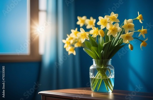 Daffodils in a vase. A vase of spring flowers stands on the table, stylish interior background, blue background