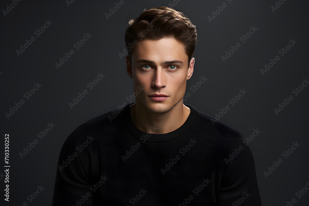 Confident Style: Portrait of a Handsome Young Man in Black T-Shirt on Black Background Confident Style: Portrait of a Handsome Young Man in Black T-Shirt on Black Background