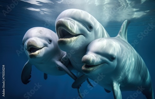 Dolphin and two baby dolphins swim in the ocean, dolphins and whales concept © Aamir