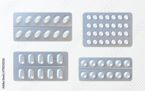 Pills and capsules in foil blister pack mockup. Realistic vector illustration set of medicine in plastic package on transparent background. Template mock up of medical drug tablet in box container.