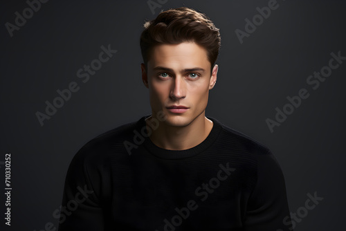 Confident Style: Portrait of a Handsome Young Man in Black T-Shirt on Black Background