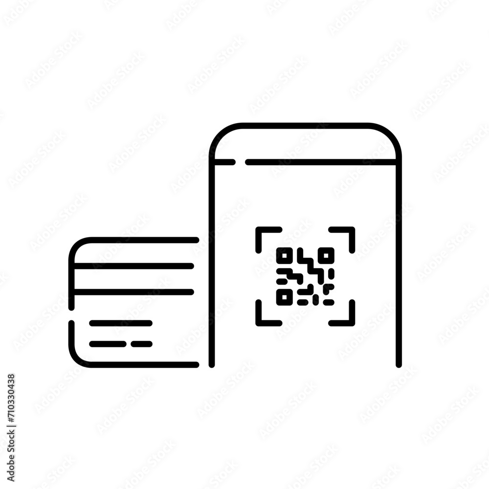 Banking app for smartphone. QR payment with credit card. Pixel perfect, editable stroke icon Banking app for smartphone. QR payment with credit card. Pixel perfect, editable stroke icon