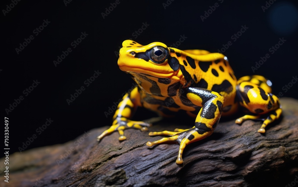 Fototapeta premium Yellow and black frog sits on a rock in nature, rare and endangered species concept