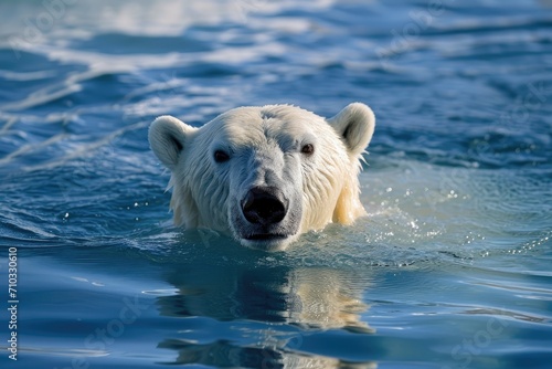 Polar bear swimming in the blue artic ocean on a clear sunny day