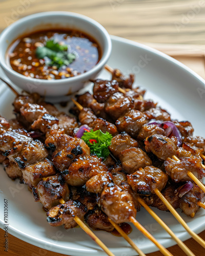 Satay on a white plate with a small bowl containing sauce, placed on an oak top table