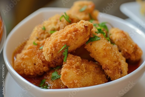 Deep fried crispy nuggets served in a white bowl