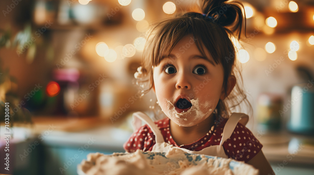 A kid making a cake with surprised and proud expression. Concept of creative and careless A kid making a cake with surprised and proud expression. Concept of creative and careless
