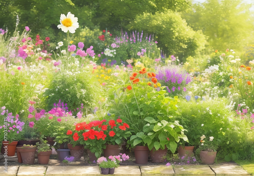 Naklejka premium Planting Flowers In Sunny Garden. Spring Gardening Works Concept 