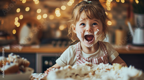 A kid making a cake with surprised and proud expression. Concept of creative and careless photo