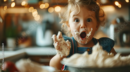 A kid making a cake with surprised and proud expression. Concept of creative and careless photo