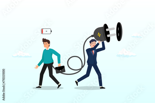 Businessman manager holding huge electric plug to recharge low battery exhausted businessman worker, recharge energy to exhausted fatigue office employee, refresh from overworked or burn out (Vector)