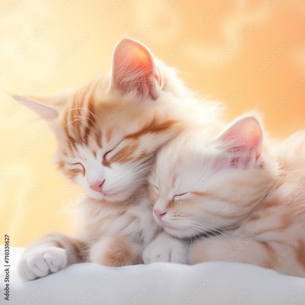 Cute little kittens sleeping on a soft pastel colored background.AI.