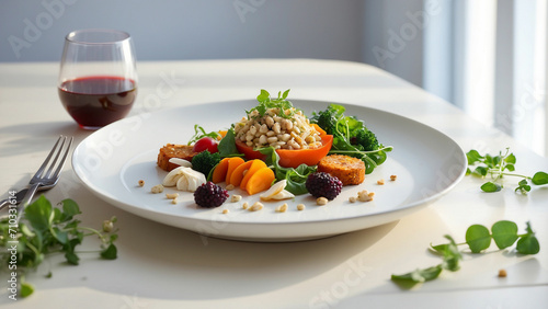 beauty of plant based dining by capturing a snapshot of a vegetarian food plate on a bright white wooden table in a modern restaurant