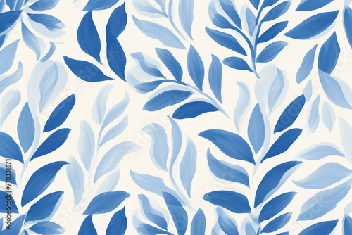 A seamless pattern of blue and white leaves on a white background, Generative AI