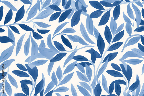 A seamless pattern of blue and white leaves on a white background, Generative AI