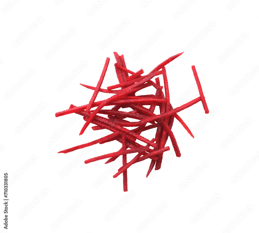 Naklejka premium beet cut into strips falls on a hill with beet on a white background