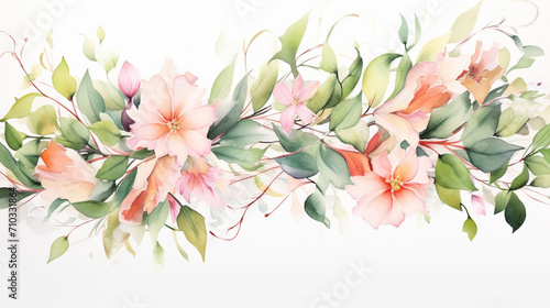 Watercolor painting of pink flowers and green leaves, Generative AI