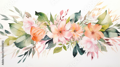 Watercolor painting of pink flowers and green leaves, Generative AI