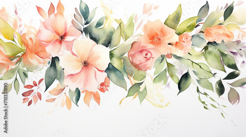 Watercolor painting of pink flowers and green leaves, Generative AI