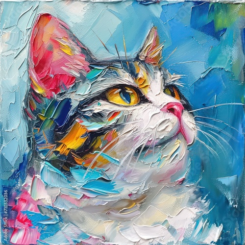 A colorful and textured abstract hand-drawn painting of a cute cat, perfect for wall decor with a contemporary flair