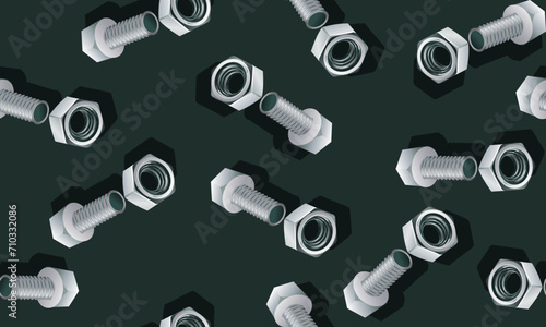 Seamless pattern of steel bolts and nuts with shadow. artistic wallpaper.