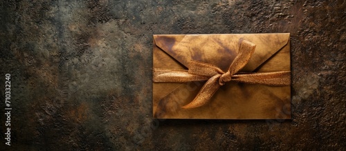 Photograph of a sealed bronze envelope with a gift voucher or wedding invitation card.