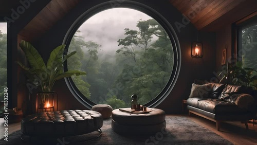 stream overlay animation backgrounds, live wallpapers, seamless loop. Cozy luxury living room round window with jungle rain view. vtuber streamer gaming asset, zoom screen. Chill hip hop study video. photo
