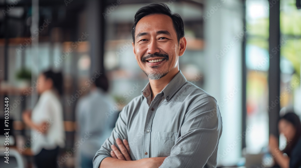 Fototapeta premium Portrait of a handsome smiling asian businessman boss standing in his modern business company office.