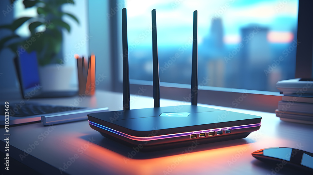 A sleek, modern wi-fi router sits on a tidy desk next to a sunlit window. Whether you're working, streaming, or gaming, this reliable wi-fi router will keep you connected to the world. - obrazy, fototapety, plakaty 