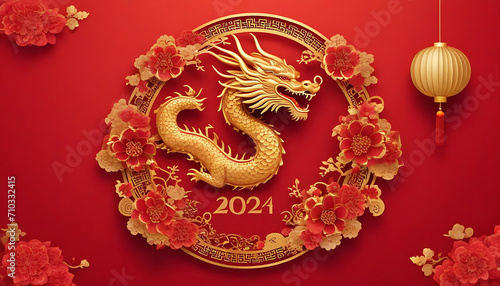 Chinese Happy New Year dragon red color. Ai generative