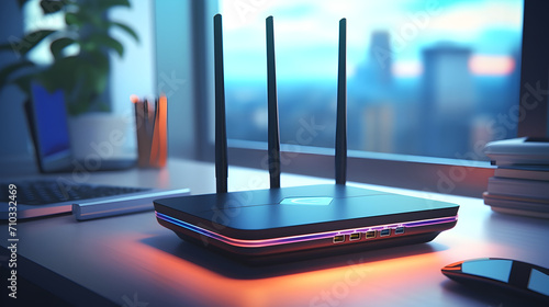 A sleek, modern wi-fi router sits on a tidy desk next to a sunlit window. Whether you're working, streaming, or gaming, this reliable wi-fi router will keep you connected to the world.
