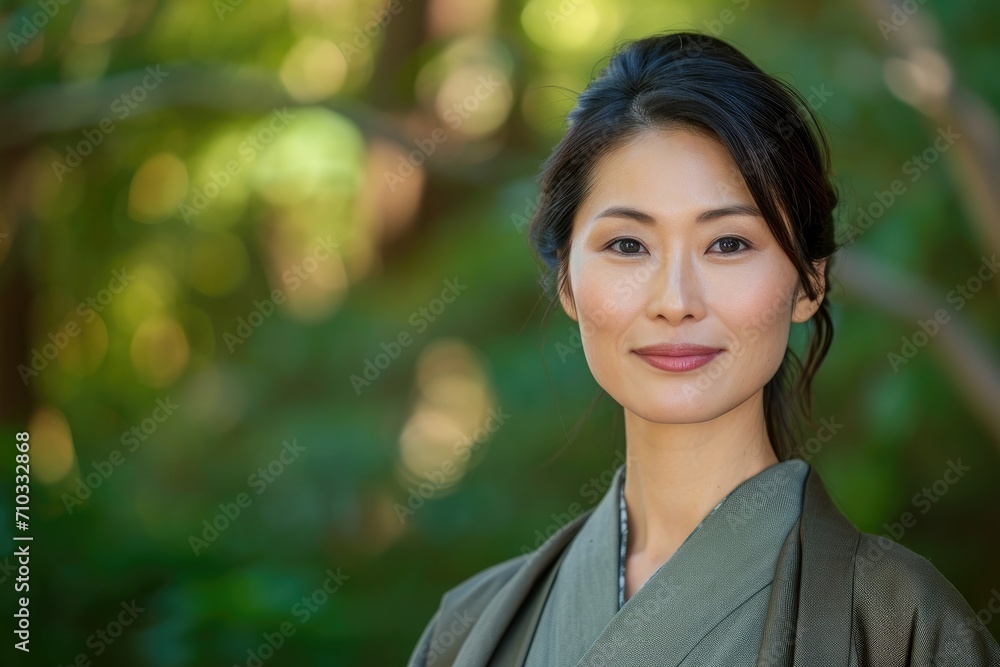 Serene studio portrait of a Japanese woman in a Zen garden setting, isolated on a natural green background Serene studio portrait of a Japanese woman in a Zen garden setting, isolated on a natural green background