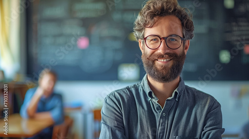 portrait of happy man teacher in school; minimalism, studio light