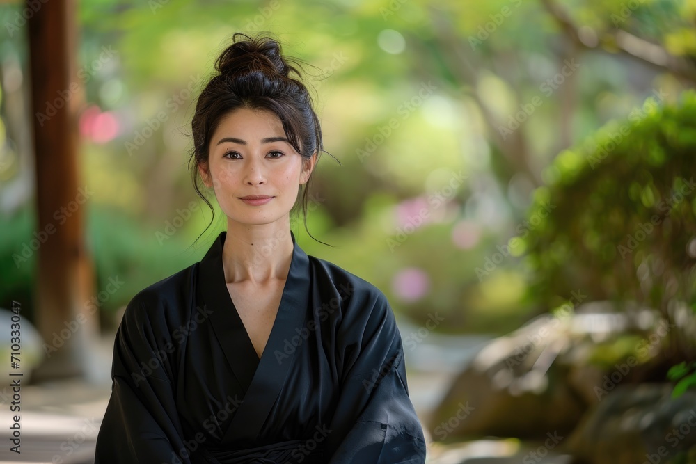 Studio portrait of a Japanese woman in elegant yoga attire, with a peaceful Zen garden background Studio portrait of a Japanese woman in elegant yoga attire, with a peaceful Zen garden background