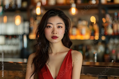 Studio portrait of a Japanese woman in a chic cocktail dress, with a stylish urban bar background © furyon